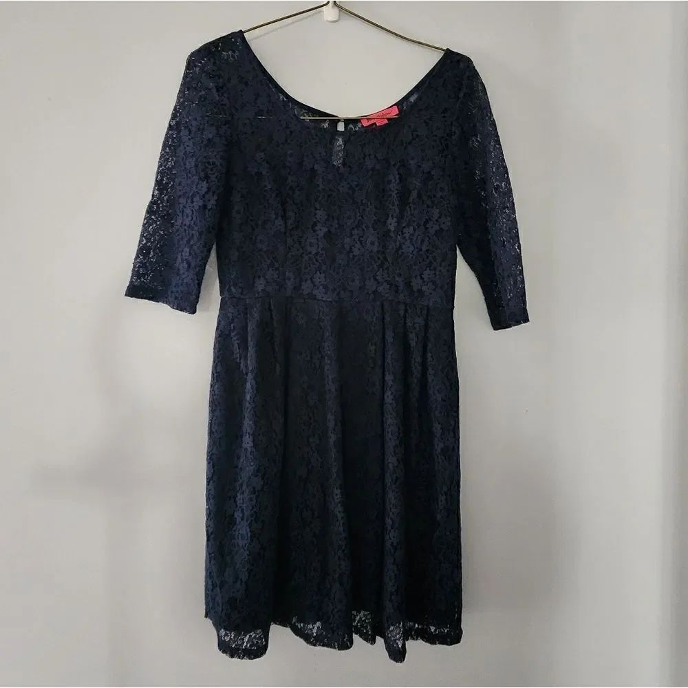 BETSEY JOHNSON WOMEN Sz8 LACE ILLUSION YOKE 3/4 SLEEVE DRESS BLUE NAVY